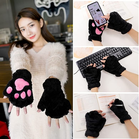 2 Pack Fingerless Warm Gloves for Women,Plush Cat Mitten Gloves,Winter - Picture 4 of 5